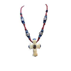 Handmade African Bone Cross Necklace Genuine Lapis Lazuli Abalone Shell Trade Gl